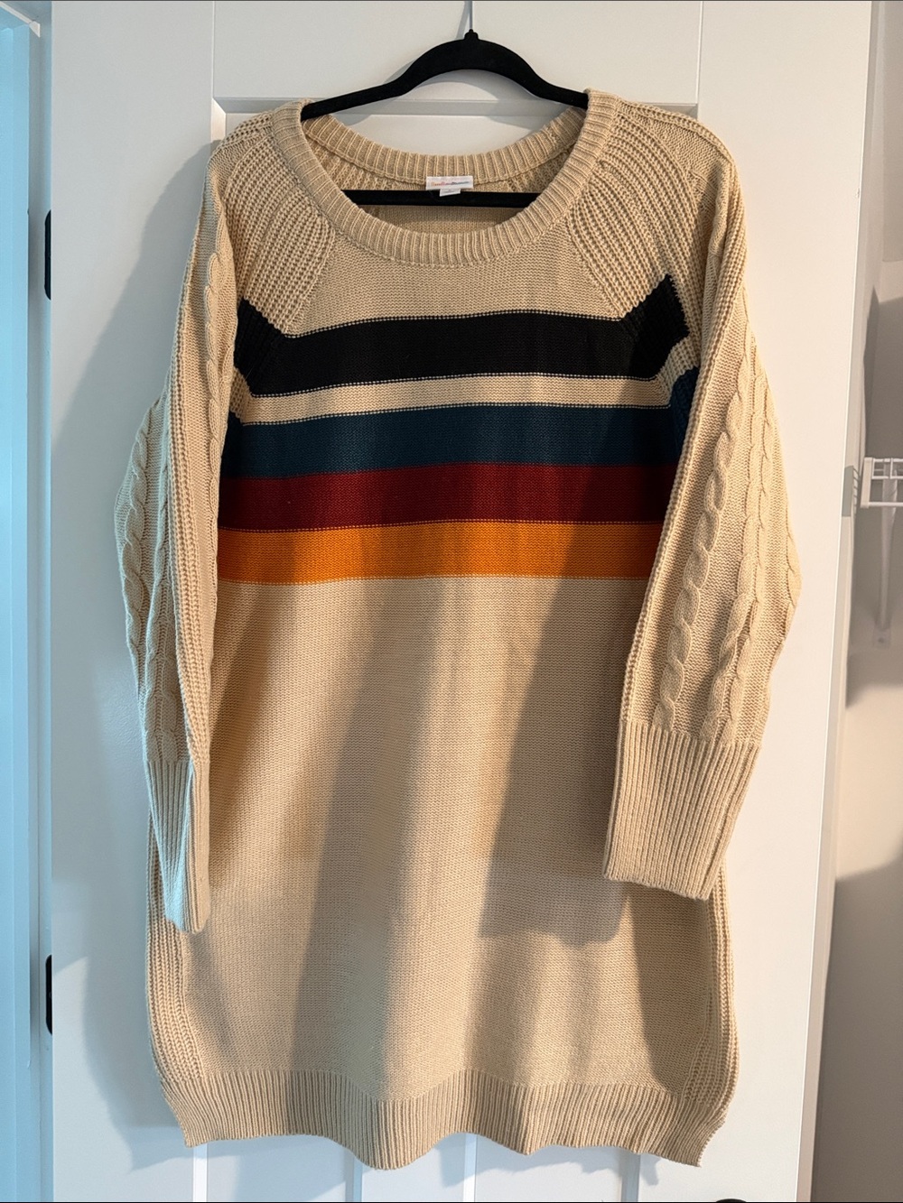 Cream Cable-Sleeve Striped Sweater Dress